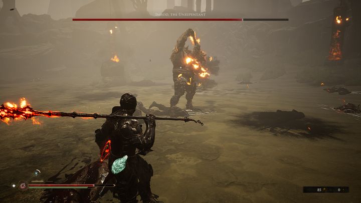 2 jego nowym atakiem jest podchodzenie do ciał, które leżą na arenie, podniesienie i spalenie ich oraz rzucenie ich w twoją stronę - Mortal Shell: Imrod, the Unrepentant boss, jak pokonać - Mortal Shell - poradnik do gry