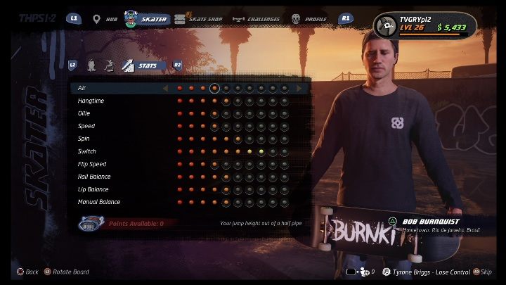Podstawowe umiejętności można rozwijać dzięki zdobytym punktom - Tony Hawks Pro Skater 1+2: Bob Burnquist - umiejętności, wyzwania - Tony Hawks Pro Skater 1+2 - poradnik do gry