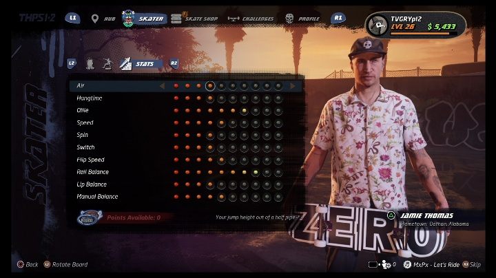 Podstawowe umiejętności można rozwijać dzięki zdobytym punktom - Tony Hawks Pro Skater 1+2: Jamie Thomas - umiejętności, wyzwania - Tony Hawks Pro Skater 1+2 - poradnik do gry