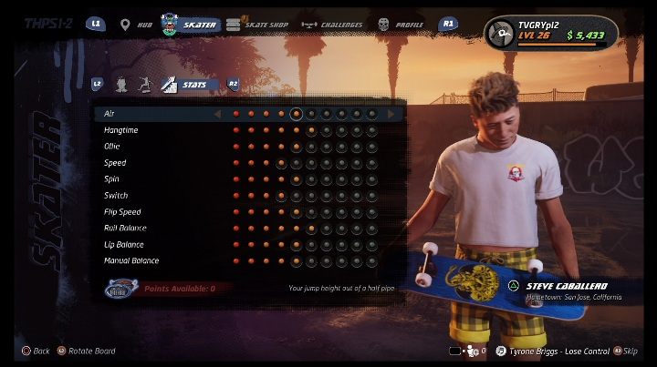 Podstawowe umiejętności można rozwijać dzięki zdobytym punktom - Tony Hawks Pro Skater 1+2: Steve Caballero - umiejętności, wyzwania - Tony Hawks Pro Skater 1+2 - poradnik do gry