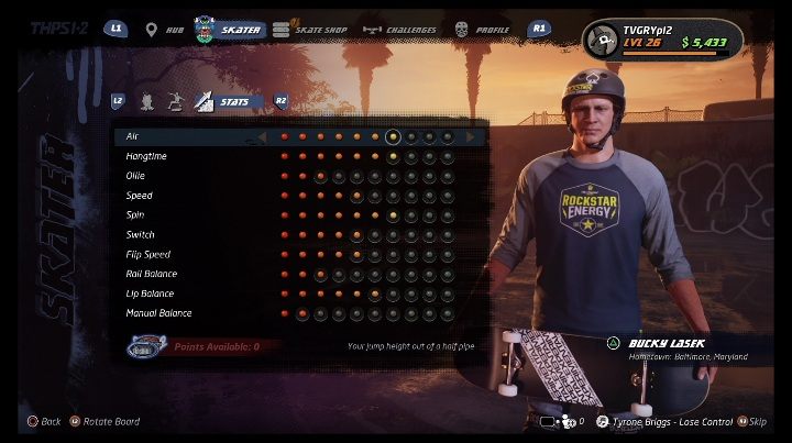 Podstawowe umiejętności można rozwijać dzięki zdobytym punktom - Tony Hawks Pro Skater 1+2: Bucky Lasek - umiejętności, wyzwania - Tony Hawks Pro Skater 1+2 - poradnik do gry