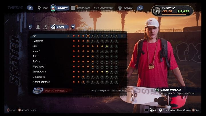 Podstawowe umiejętności można rozwijać dzięki zdobytym punktom - Tony Hawks Pro Skater 1+2: Chad Muska - umiejętności, wyzwania - Tony Hawks Pro Skater 1+2 - poradnik do gry