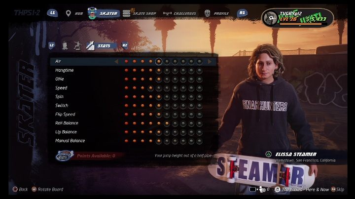 Podstawowe umiejętności można rozwijać dzięki zdobytym punktom - Tony Hawks Pro Skater 1+2: Elissa Steamer - umiejętności, wyzwania - Tony Hawks Pro Skater 1+2 - poradnik do gry