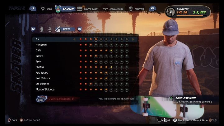 Podstawowe umiejętności można rozwijać dzięki zdobytym punktom - Tony Hawks Pro Skater 1+2: Eric Koston - umiejętności, wyzwania - Tony Hawks Pro Skater 1+2 - poradnik do gry