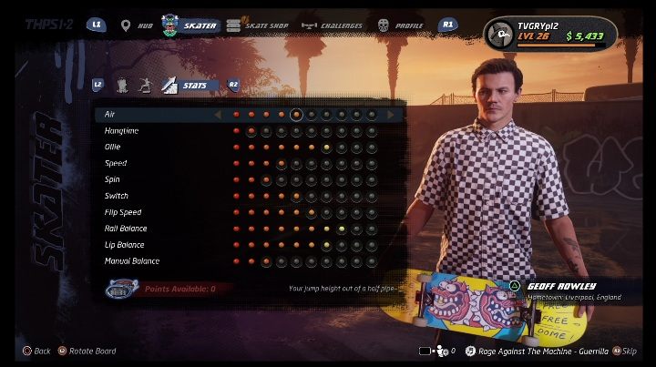 Podstawowe umiejętności można rozwijać dzięki zdobytym punktom - Tony Hawks Pro Skater 1+2: Geoff Rowley - umiejętności, wyzwania - Tony Hawks Pro Skater 1+2 - poradnik do gry