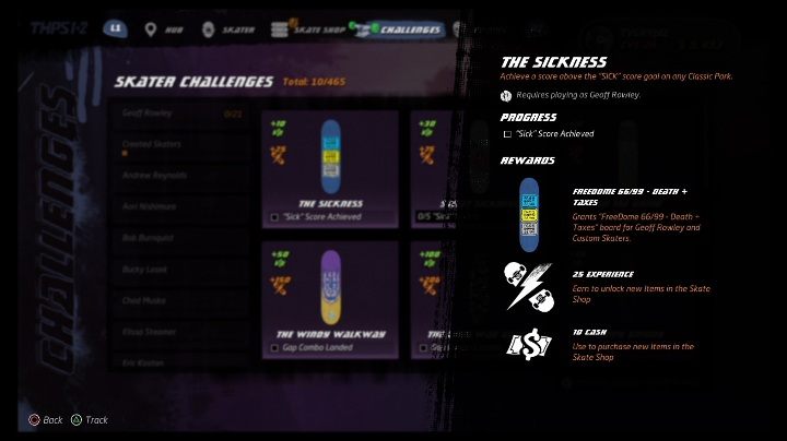 Każda postać dostępna w grze ma swoje wyzwania - Tony Hawks Pro Skater 1+2: Geoff Rowley - umiejętności, wyzwania - Tony Hawks Pro Skater 1+2 - poradnik do gry