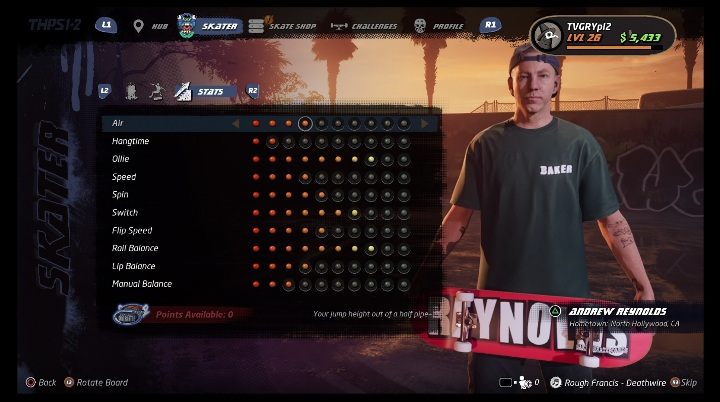 Podstawowe umiejętności można rozwijać dzięki zdobytym punktom - Tony Hawks Pro Skater 1+2: Andrew Reynolds - umiejętności, wyzwania - Tony Hawks Pro Skater 1+2 - poradnik do gry