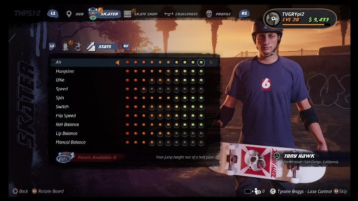 Podstawowe umiejętności można rozwijać dzięki zdobytym punktom - Tony Hawks Pro Skater 1+2: Tony Hawk - umiejętności, wyzwania - Tony Hawks Pro Skater 1+2 - poradnik do gry