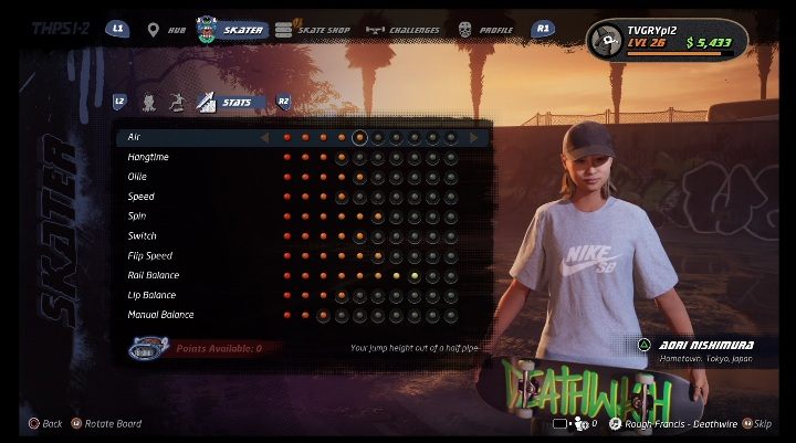 Podstawowe umiejętności można rozwijać dzięki zdobytym punktom - Tony Hawks Pro Skater 1+2: Aori Nishimura - umiejętności, wyzwania - Tony Hawks Pro Skater 1+2 - poradnik do gry