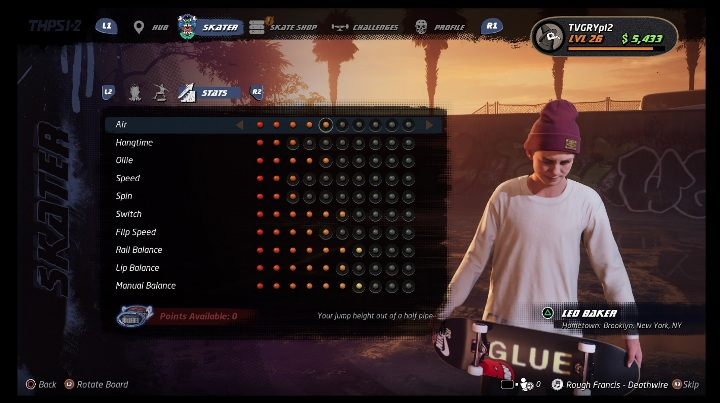 Podstawowe umiejętności można rozwijać dzięki zdobytym punktom - Tony Hawks Pro Skater 1+2: Leo Baker - umiejętności, wyzwania - Tony Hawks Pro Skater 1+2 - poradnik do gry