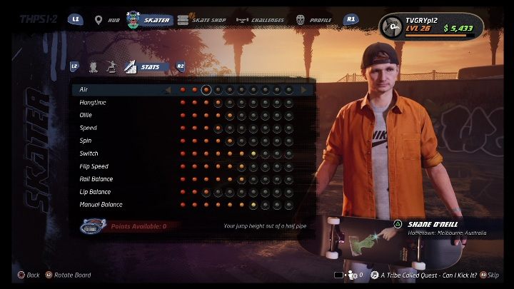 Podstawowe umiejętności można rozwijać dzięki zdobytym punktom - Tony Hawks Pro Skater 1+2: Shane ONeill - umiejętności, wyzwania - Tony Hawks Pro Skater 1+2 - poradnik do gry