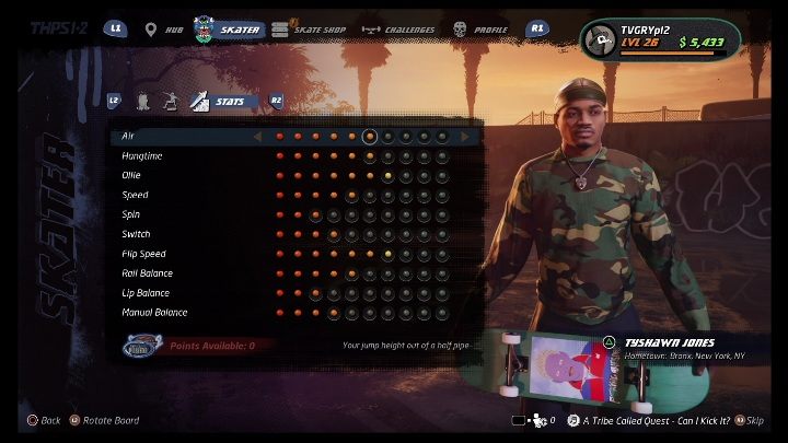 Podstawowe umiejętności można rozwijać dzięki zdobytym punktom - Tony Hawks Pro Skater 1+2: Tyshawn Jones - umiejętności, wyzwania - Tony Hawks Pro Skater 1+2 - poradnik do gry