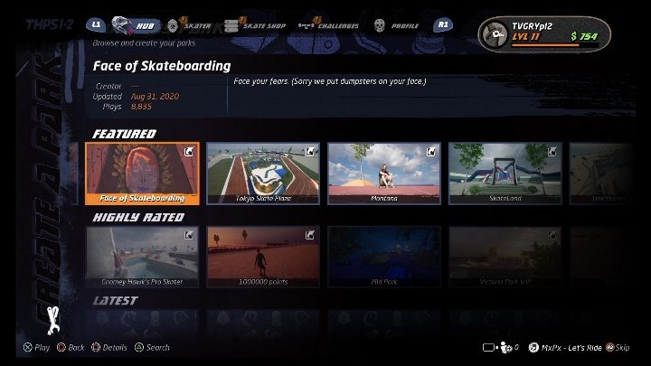 Możesz swobodnie przeglądać mapy stworzone przez innych graczy - Tony Hawks Pro Skater 1+2: Tworzenie parku - Tony Hawks Pro Skater 1+2 - poradnik do gry