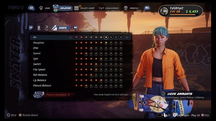 Aby rozwijać bohaterów musisz pierw wejść w sekcję skater, a następnie przejść do 3 kategorii - stats - Tony Hawks Pro Skater 1+2: Punkty umiejętności - Tony Hawks Pro Skater 1+2 - poradnik do gry