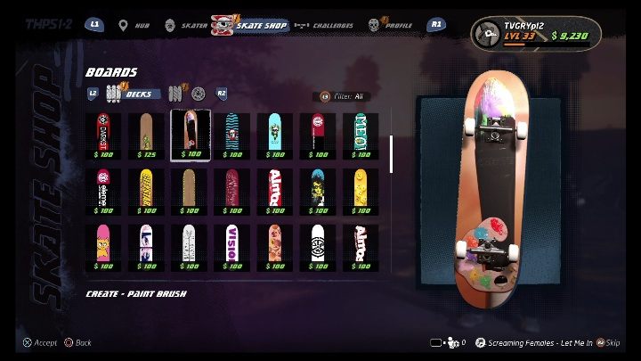 W tej sekcji możesz zakupić nowe wzory desek oraz kółka - Tony Hawks Pro Skater 1+2: Wydawanie gotówki - Tony Hawks Pro Skater 1+2 - poradnik do gry