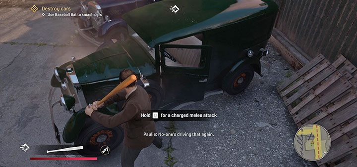 Możesz zacząć używać kija do niszczenia dowolnego z zaparkowanych pojazdów - Mafia Definitive Edition: Imprezka u Mołotowa - solucja - Mafia 1 Definitive Edition - poradnik, solucja