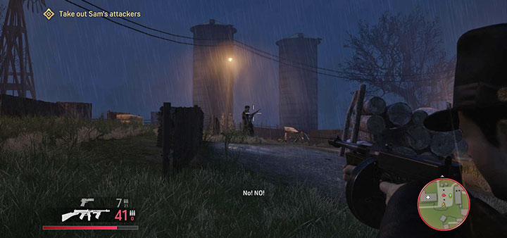 Po wyjściu z budynku zauważysz Sama broniącego się w stodole przed atakami przeciwników - Mafia Definitive Edition: Przejażdżka za miasto - solucja - Mafia 1 Definitive Edition - poradnik, solucja