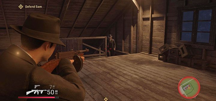 Uważaj na przeciwników próbujących dotrzeć na piętro stodoły - mogą do tego celu używać drabiny po lewej stronie oraz schodów po prawej stronie - Mafia Definitive Edition: Przejażdżka za miasto - solucja - Mafia 1 Definitive Edition - poradnik, solucja