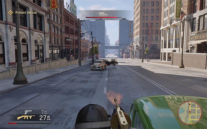 Najlepiej jest strzelać z długimi seriami i rozpoczynać ostrzał zanim dany pojazd zbliży się do maszyny, którą uciekasz - Mafia Definitive Edition: Professional Protection - solucja - Mafia 1 Definitive Edition - poradnik, solucja