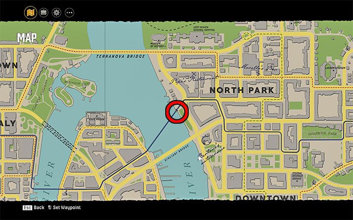 Karta leży na murku obok rzeki East River w zachodniej części dzielnicy North Park - Mafia Definitive Edition: Karty Cigarette Cards - sekret, znajdźka - Mafia 1 Definitive Edition - poradnik, solucja