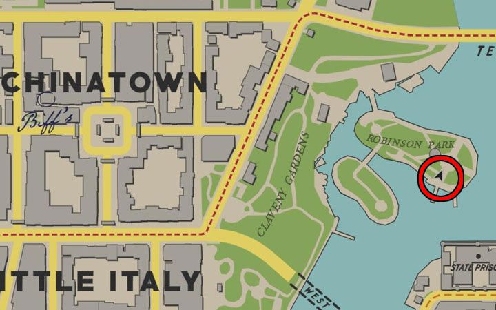 Magazyn odnajduje się w parku Robinson Park, który zlokalizowany jest w niewielkiej odległości na wschód od dzielnicy Chinatown - Mafia Definitive Edition: Magazyny Black Mask - sekret, znajdźka - Mafia 1 Definitive Edition - poradnik, solucja