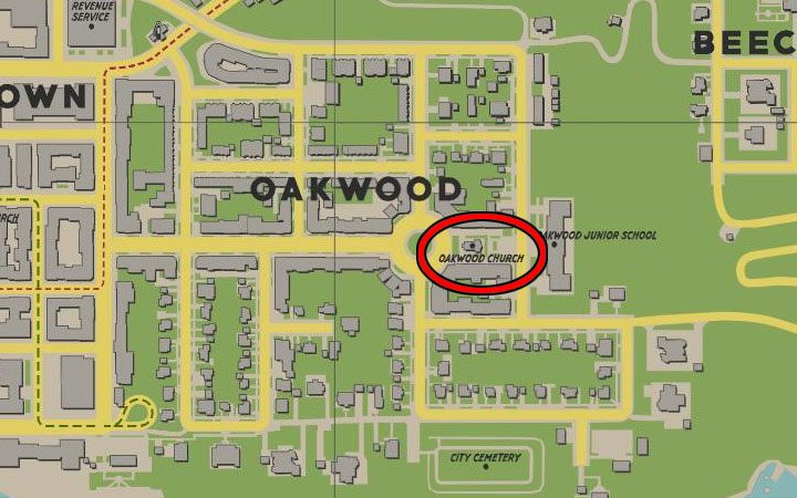 Magazyn leży przed (zamkniętymi) drzwiami wejściowymi małego kościoła znajdującego się obok ronda w dzielnicy Oakwood - Mafia Definitive Edition: Magazyny Terror Tales - sekret, znajdźka - Mafia 1 Definitive Edition - poradnik, solucja