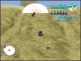 Masz dwa okrążenia, jeśli dojedziesz pierwszy do mety, wygrywasz rajd i zdobywasz nagrodę, zaliczając tę mini misję - Misje TOP-FUN - Grand Theft Auto: Vice City - poradnik do gry