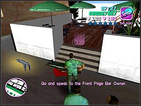 Po zdjęciu strażników wyjdź po schodkach do baru i wejdź w wyznaczony punkt, by porozmawiać z właścicielem - Bar Brawl Tommy Vercetti - Grand Theft Auto: Vice City - poradnik do gry