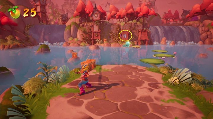 Przeskocz po liściach tak, aby móc w spokoju dosięgnąć punktu, który przeniesie Cię bezpiecznie na drugą stronę zbiornika - Crash 4: Magiczna mieszanka - solucja, opis przejścia - Crash Bandicoot 4 - poradnik, solucja