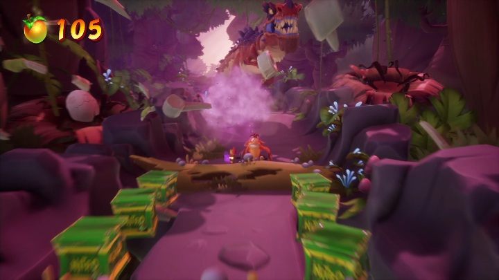Po dotarciu na kolejną część mapy natkniesz się na dinozaura, który ruszy w szaleńczą pogoń - Crash 4: Zryw dinozaura - solucja, opis przejścia - Crash Bandicoot 4 - poradnik, solucja