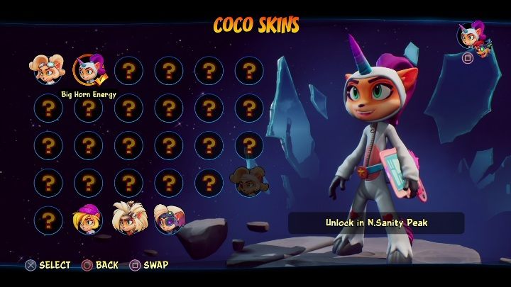 Sposób odblokowania: zdobycie 6 diamentów na poziomie Szczyt Obłędu - Crash 4: Coco - skórki, jak odblokować - Crash Bandicoot 4 - poradnik, solucja