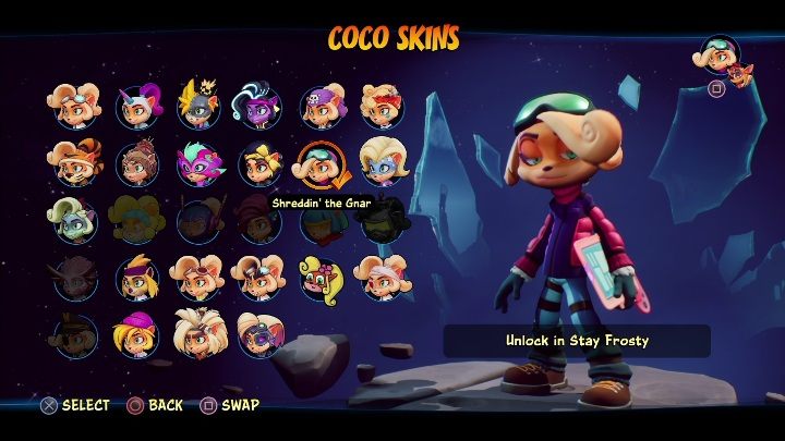 Sposób odblokowania: zdobycie 6 diamentów na poziomie Zimna krew - Crash 4: Coco - skórki, jak odblokować - Crash Bandicoot 4 - poradnik, solucja