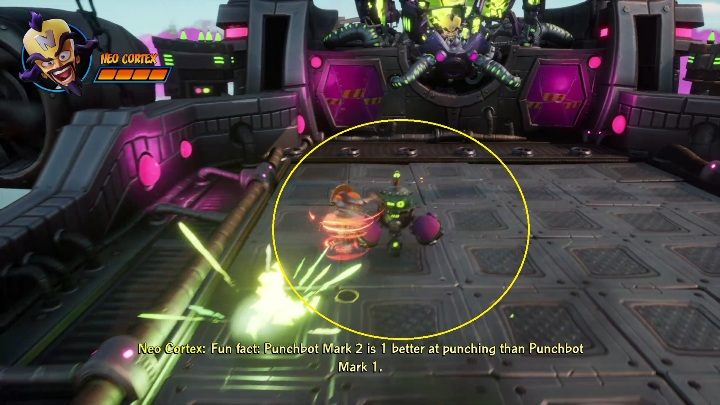 Po serii rakiet trafisz na małego przeciwnika, który będzie kręcił się w kółko - Crash 4: Neo Cortex - boss, jak pokonać - Crash Bandicoot 4 - poradnik, solucja