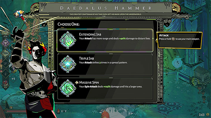 W przypadku ulepszeń Młota Dedala również możecie rozglądać się za tymi, które zwiększają siłę ataków, przy czym w przypadku grania z Wieczną Włócznią bardzo pomocne są też te ulepszenia, które zwiększają zasięg włóczni - przykładowy tego typu upgrade prezentuje powyższy obrazek - Hades: Przechodzenie gry, praktyczne porady - Hades - poradnik do gry