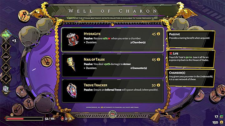 Z leczeniem mogą być powiązane niektóre dary i pozycje ze Studni Charona - wszystkie tego typu bonusy oznaczone są ikoną serduszka i mają dwa ograniczenia - Hades: Jak leczyć rany? - Hades - poradnik do gry