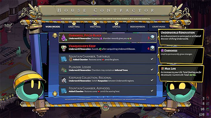 6) Projekty Wykonawcy domu - Każdy zakupiony projekt pozostanie już na stałe - Hades: Co jest przenoszone wraz z postępem? - Hades - poradnik do gry