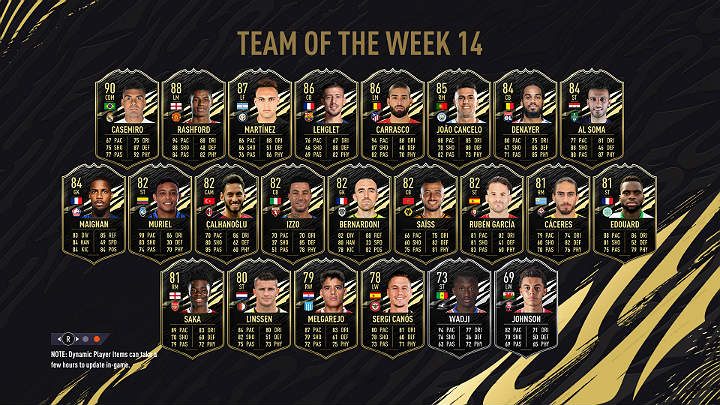 W czternastej w tym sezonie Drużynie Tygodnia (TOTW 14) można wyróżnić wiele znanych nazwisk jak Casemiro, Lautaro Martínez (druga nominacja), Clément Lenglet, Yannick Carrasco (druga nominacja) czy Cancelo - FIFA 21: Drużyna Tygodnia 14 (TOTW 14) - FIFA 21 - poradnik do gry