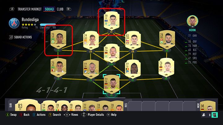 Na powyższym obrazku można zauważyć, że Rashica, którego dominującą pozycją jest gra na szpicy jako środkowy napastnik został umieszczony w roli zwykłego napastnika (ST) o czym świadczy jego aktualna pozycja podświetlona na żółto - FUT 21: Pełne zgranie - jak osiągnąć? - FIFA 21 - poradnik do gry