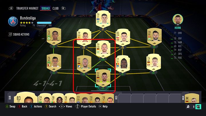 Na powyższym obrazku zaznaczono zawodników, którzy otrzymali pełne zgranie i dodatkowo zielone połączenie - FUT 21: Pełne zgranie - jak osiągnąć? - FIFA 21 - poradnik do gry