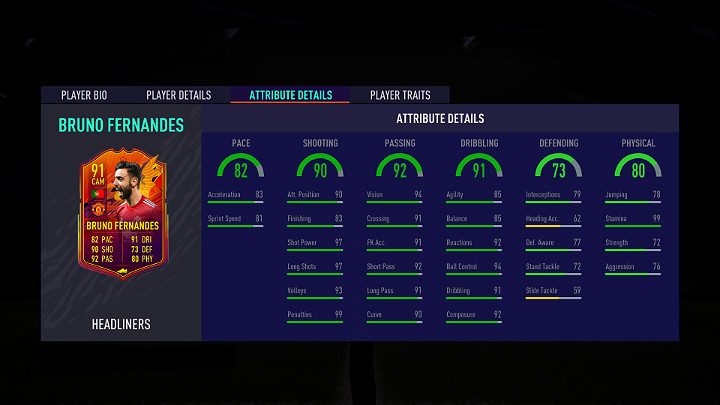 Najlepszym piłkarzem w pierwszej drużynie Bohaterowie nagłówków (Headliners) w grze FIFA 21 jest Bruno Fernandes - portugalski piłkarz występujący na pozycji pomocnika w angielskim klubie Manchester United - FUT 21: Bohaterowie nagłówków/Headliners - 1 drużyna - FIFA 21 - poradnik do gry