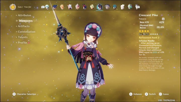 Engulfing Lightning jest najlepszą bronią pod ten build, gdyż buffuje ATK% w zależności od tego, jak dużo posiadacie Energy Recharge - Genshin Impact: Yun Jin - najlepsze buildy (Geo) - Genshin Impact - poradnik do gry