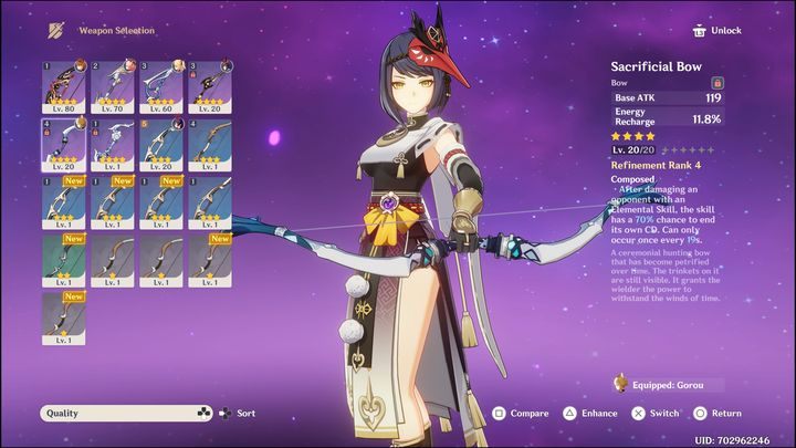 Przechodząc do broni, są to dwa godne polecenia łuki - Genshin Impact: Sara - najlepsze buildy (Electro) - Genshin Impact - poradnik do gry