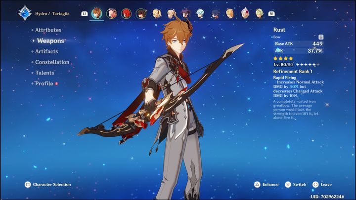 Drugi łuk, Rust, jest czterogwiazdkową bronią, więc szansa na wypadnięcie jej jest o wiele większa - Genshin Impact: Childe - najlepsze buildy (Hydro) - Genshin Impact - poradnik do gry