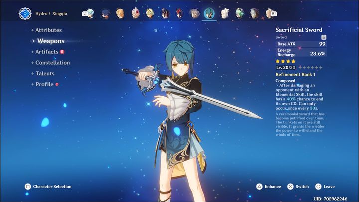 Jeśli chodzi o bronie, to największy użytek zrobią miecze, które dają dodatkowo Energy Recharge - Genshin Impact: Xingqiu - najlepsze buildy (Hydro) - Genshin Impact - poradnik do gry