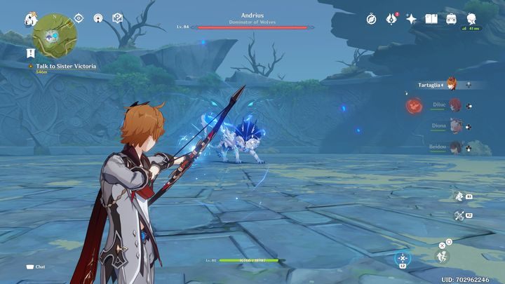 Na samym początku zaatakujcie bossa z dystansu, pozwoli to na zbicie jego paska zdrowia z bezpiecznej odległości - Genshin Impact: Andrius, Wolf of the North - boss, jak pokonać ? - Genshin Impact - poradnik do gry