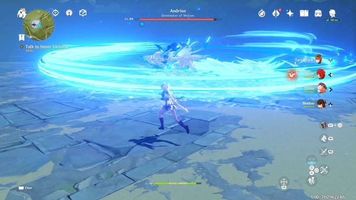 Jeśli zobaczycie na ziemi lód, a boss nie wyskoczył w górę, oznacza to, że przymierza się do obszarowego ataku - Genshin Impact: Andrius, Wolf of the North - boss, jak pokonać ? - Genshin Impact - poradnik do gry