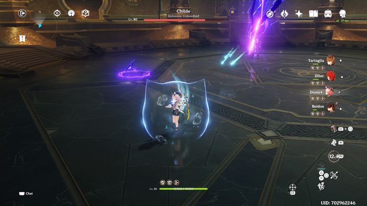 Jeśli zobaczycie małe, elektryczne pole na arenie, oznaczać to będzie, że właśnie tam przeteleportuje się Childe - Genshin Impact: Childe - boss, jak pokonać ? - Genshin Impact - poradnik do gry