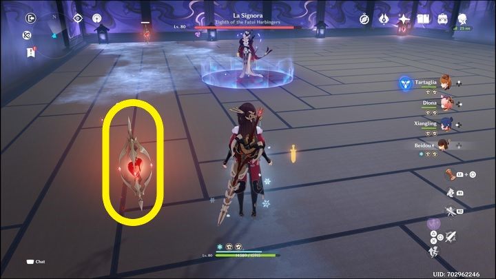 Jeśli pasek dojdzie do niebezpiecznego poziomu, udajcie się w stronę Heart of Flame (znajdują się one w każdym rogu areny) - Genshin Impact: La Signora - boss, jak pokonać? - Genshin Impact - poradnik do gry