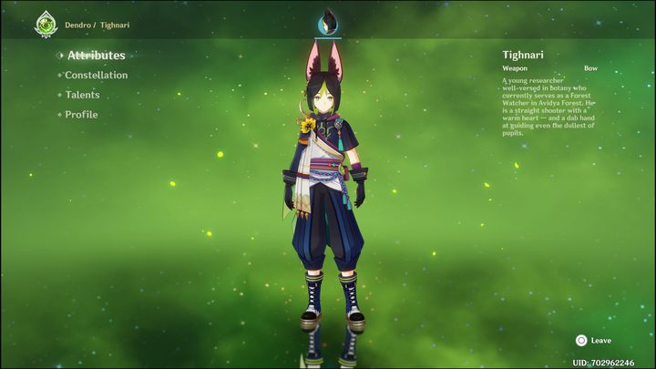 Tighnari to pięciogwiazdkowa postać z żywiołem Dendro, walczy on za pomocą łuku - Genshin Impact: Tighnari - najlepsze buildy (Dendro) - Genshin Impact - poradnik do gry