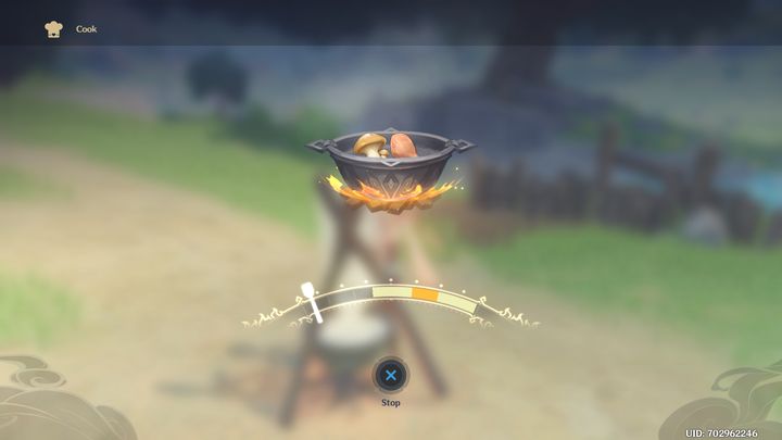 Dania przygotwujesz przy ognisku, aby stworzyć danie, musisz kliknąć przycisk w odpowiednim momencie (pojawi się animacja podczas gotowania) - Genshin Impact: Gotowanie - Genshin Impact - poradnik do gry